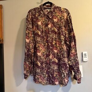 Sophisticates Jonathan Martin Silk Floral Button Down Blouse Long Sleeve Plum 1X